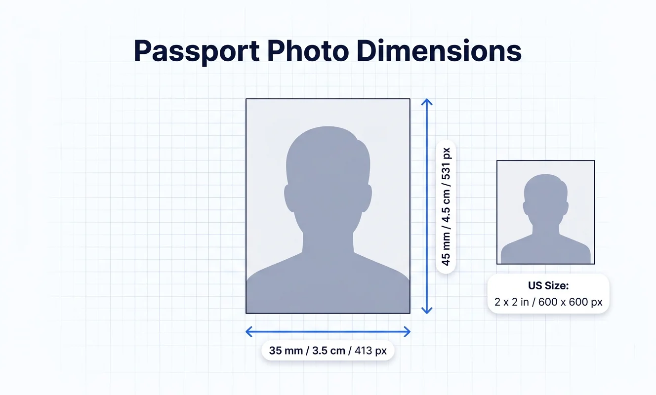 Passport photo size dimensions in millimeters, centimeters and pixels