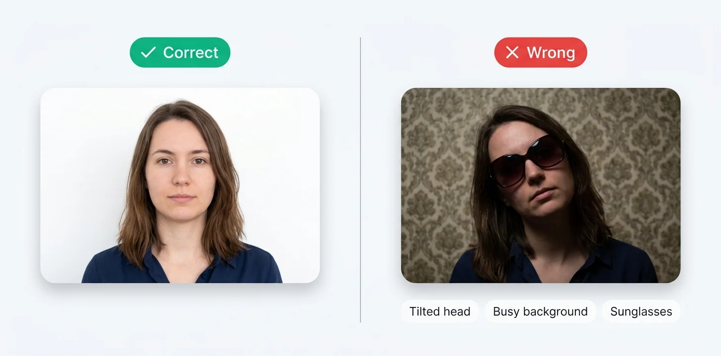 Correct versus incorrect passport photo examples showing common mistakes