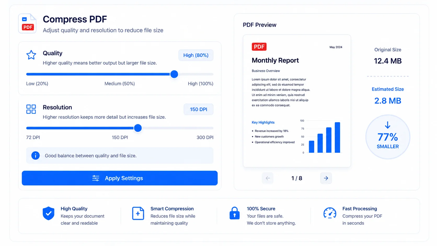 Quality and resolution settings to compress PDF without uploading