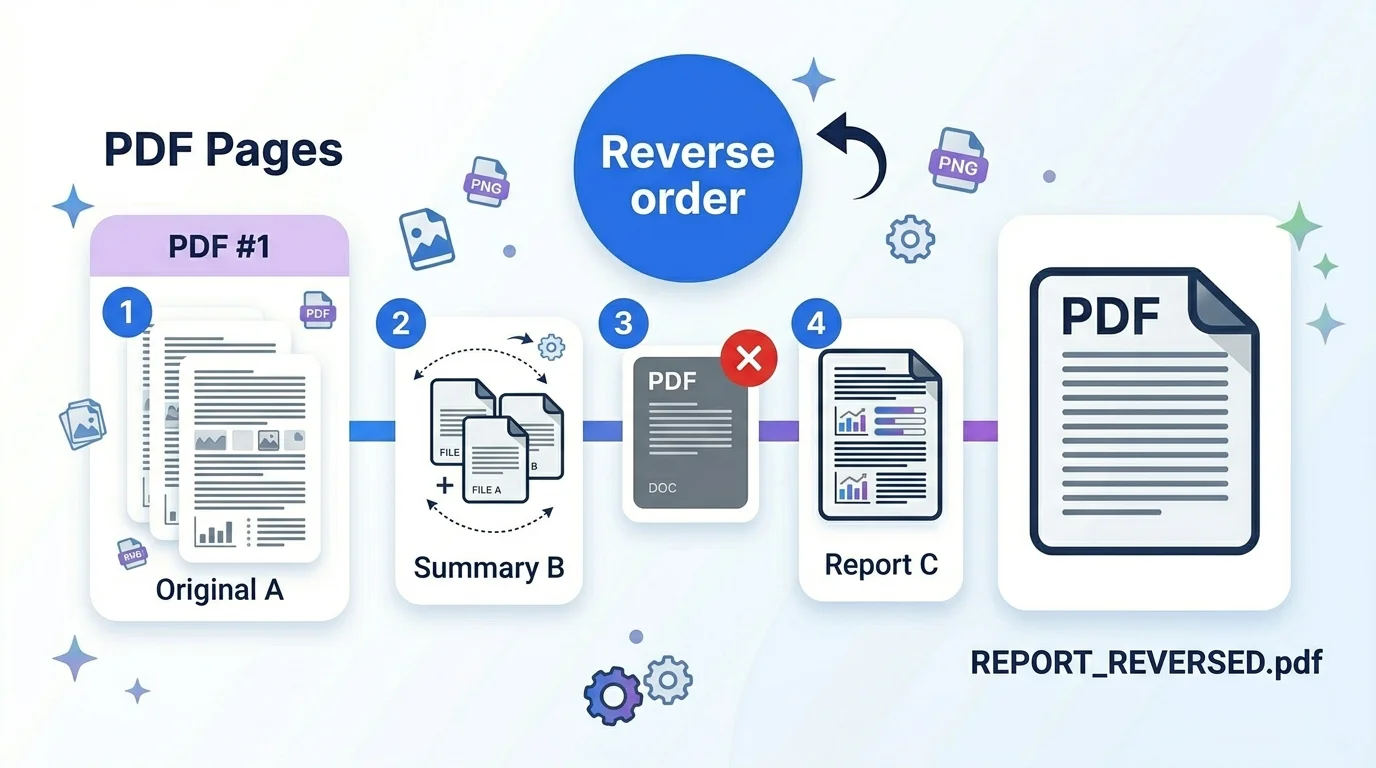 Reorder and reverse cards to merge PDF files in order
