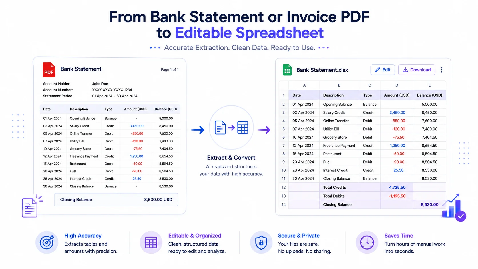 Convert a text-based bank statement PDF to Excel without uploading