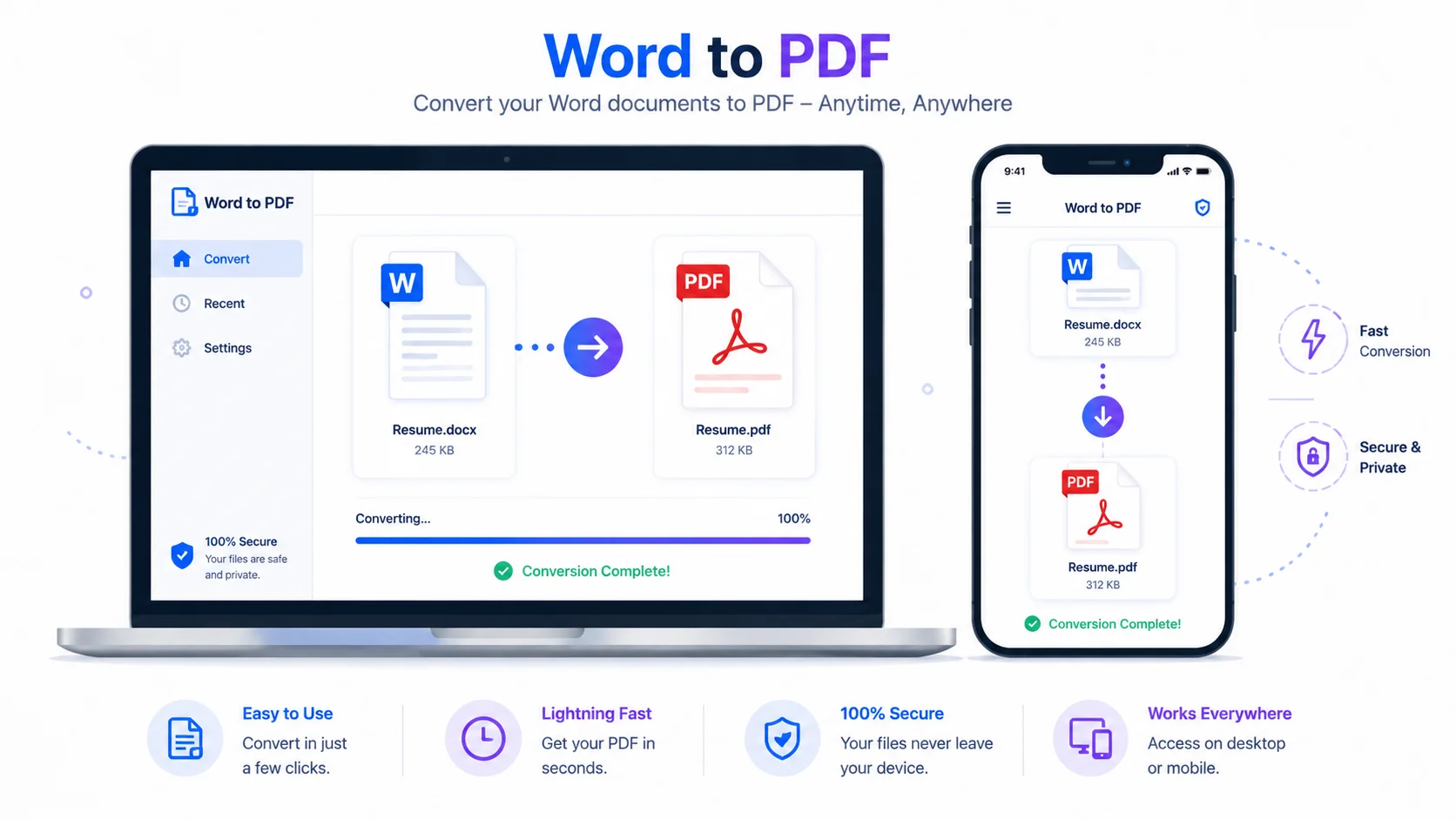Convert Word to PDF without uploading on any device